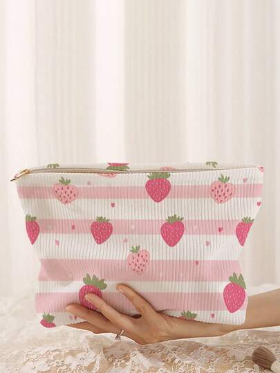 1 pieza Bolsa de cosméticos con cremallera de doble cara con estampado de flor de fresa portátil, organizador de artículos de tocador multifuncional para viajes, decoración de otoño, decoración de otoño, decoración de habitación