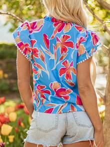 Acelitt Hellblaue Bluse mit Blume Muster, V-Ausschnitt, Rüschenärmeln und Bommel-Saum, Sommer - Verschiedenfarbig - Übersicht 2