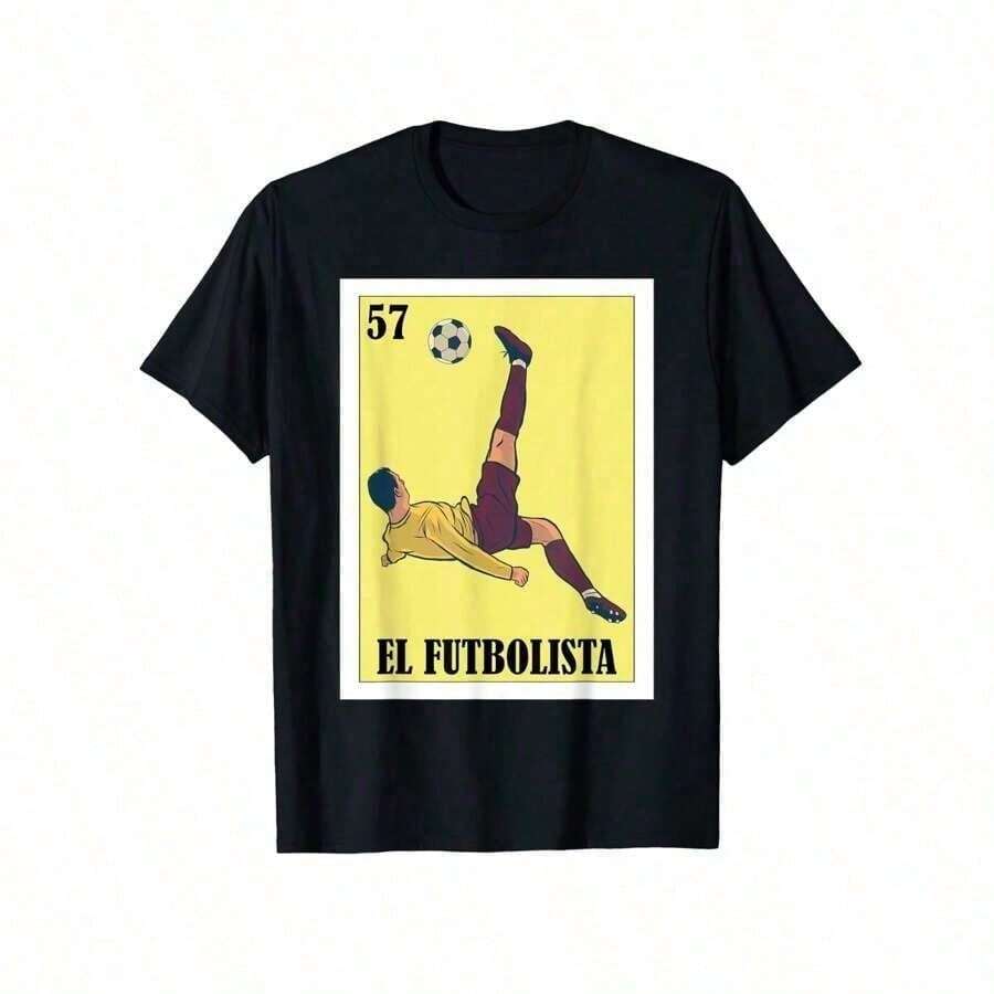 Funny Mexican Soccer Design - El Futbolista T-Shirt, 100% Cotton, Birthday, Thanksgiving, Christmas Gift, Suitable For Men, Women, Family And Friends, Black Casual Short-Sleeve Crew Neck T-Shirt Size S To 3XL Teeunisex  Graphic Tees - 黑色 - 查看 1
