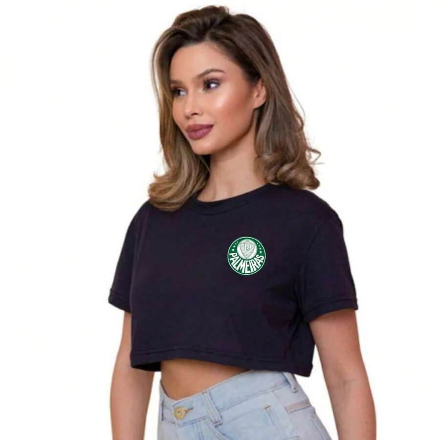 Top Cropped Feminino Estampa Palmeiras Clube Algodão Básica Torcida - Preto - Visão 1