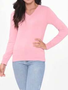 Cold Weather Knitted Sweater Top V Neck Plain Basic Long Sleeve Winter Women Simple Knitwear Knitted Daily Autumn Long Sleeve - 淺粉色 - 查看 3