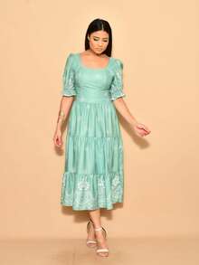 Helena Midi Dress With Crepe Print, Stretch On The Back, Short Sleeves - Màu xanh Bạc hà - Xem 3