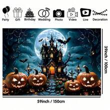 1pc Ghost Night Castle And Pumpkin Lantern Background Banner - Terrifying Bat And Full Moon Design, Suitable For Halloween Decoration, Day Of The Dead Decoration, Christmas, New Year, Autumn Decoration, Party Supplies, Party Decor, Indoor And Outdoor Garden And Courtyard Decoration - Multicolor - View 18