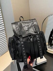 Handmade Y2K Baddie Millennium Soft Leather Backpack With Dark Cross And Chain, Commuting Bag