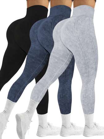 3 piezas Pantalones deportivos de yoga sin costuras para mujer, de cintura alta, alta elasticidad, transpirables y que absorben la humedad, que levantan el trasero, versátiles, mallas de tacto suave