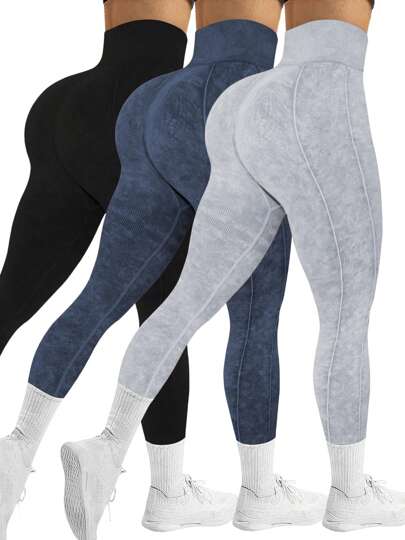3 piezas Pantalones deportivos de yoga sin costuras para mujer, de cintura alta, alta elasticidad, transpirables y que absorben la humedad, que levantan el trasero, versátiles, mallas de tacto suave