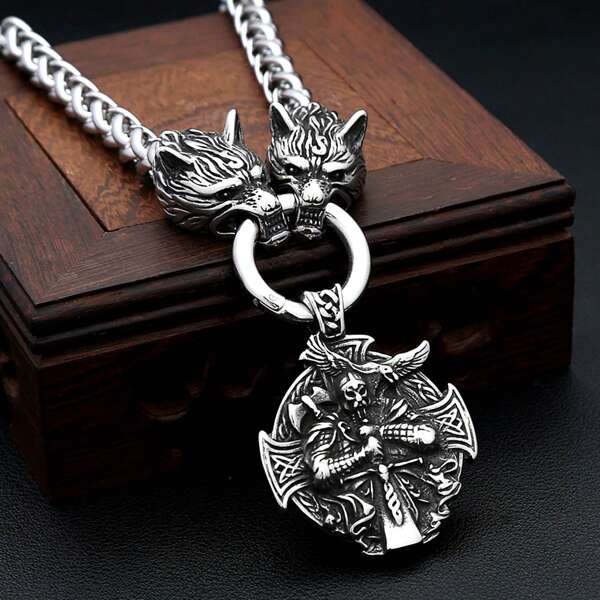 1pc Vintage Stainless Steel Viking Warrior Pendant With 60cm Wolf Head Chain Necklace, Suitable For Men's Everyday Wear