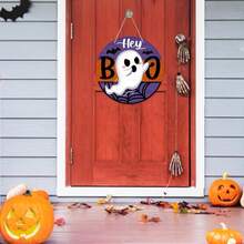 Halloween "Hey Boo" Geist Schild für Vordertür Dekoration, gruselige Spinnennetz Fledermaus Holz Türhänger für Außen Veranda, Herbst witziger Holzkranz Feiertags Party Innen Wanddekoration