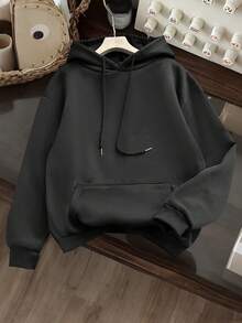 女士休闲连帽运动衫，纯色，夏季时尚 - 黑色 - 查看 1