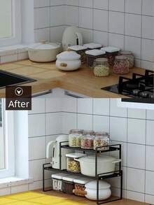 1pc Japanese-Style Kitchen Cabinet Multilayer Rack, Carbon Steel Multipurpose Countertop Spice, Pot, Bowl & Dish Storage Organizer