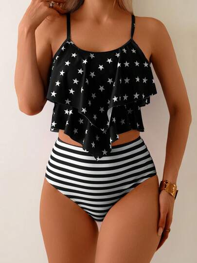 Fashionable Women's American Flag Print Casual Bikini Swimwear Set