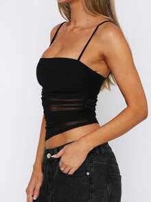 Women's Mesh Cami Tops Sleeveless Square Neck Solid Color Ruched Camisole Summer Tank Tops - Black - View 3