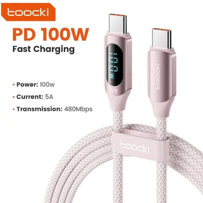 Toocki 100W Type C 转 Type C 数据线 超快速充电线 带数字显示 Type C USB 数据线 兼容 16、16 Pro Max、15、15 Plus、15 Pro、15 Pro Max，兼容 Redmi，兼容 OnePlus 充电器