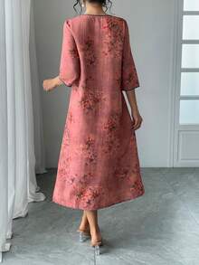 Women's V-Neck Flower Retro Print Cheongsam Dress, Loose Fit Half Sleeve Qipao Style Chinese Dress, For Holidays, Parties, New Year, Vacation