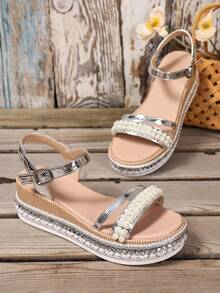 夏季优雅厚底凉鞋，编织针织带，沙滩坡跟厚底罗马凉鞋，铆钉波西米亚风露趾弹性脚踝扣透气舒适休闲优雅平底凉鞋