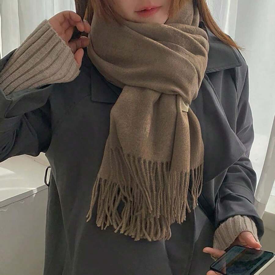230g Plain Polyester Pashmina Scarf With Fringes Gifts Hot - 摩卡棕 - 查看 1