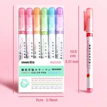 6pcs Highlighter Pens, Calligraphy Curve Pens, Roller Flower Pens, Double-Headed Stamp Outline Pens, Creative Wave Flower Rollerball Pens, School Supplies,Back To School