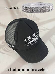 2 pièces Nouvelle mode 8 couleurs réglable Y2K Casquette de protection solaire en maille respirante avec broderie d'étoile à cinq branches, bracelet. Convient pour les hommes et les femmes, pour le printemps/automne, les voyages, les vacances à la plage et le port quotidien