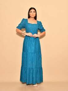 Helena Long Dress Luxury Lese Embroidered Cotton Short Sleeve Plain - 水鴨藍 - 查看 2