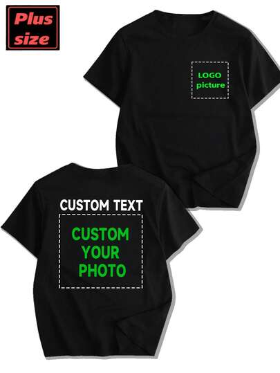 Plusstorlekar personliga fotoanpassade herr-T-shirts för vår och sommar. Anpassa med dina egna foton (gruppfoton, älskare/familj/husdjur/bästa vän/landskap) och ange din text/namn/meddelande/rolig text/välsignelse. Svart herr-T-shirt med rund hals och kort ärm. Perfekt för julklappar, alla hjärtans dag/födelsedag/årsdag, fotoanpassning. En utmärkt present till honom/henne. Vår-/sommar-T-shirt med kort ärm.