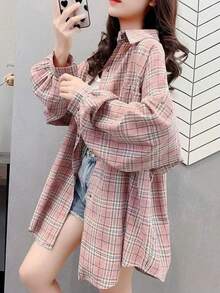 休闲宽松日常格纹贴布衬衫