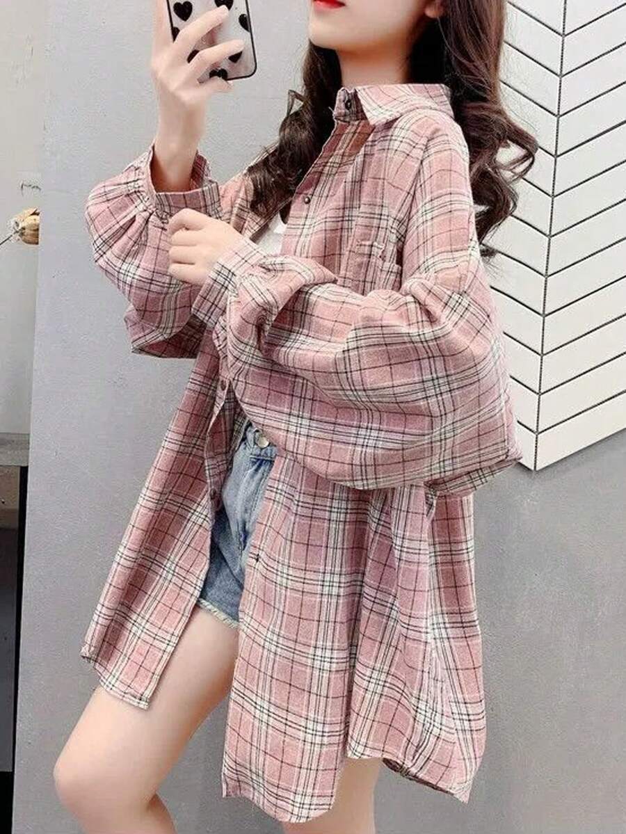 休闲宽松日常格纹贴布衬衫