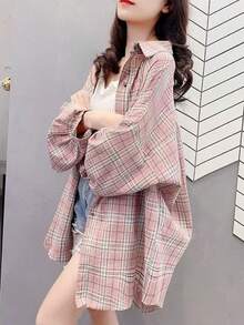 休闲宽松日常格纹贴布衬衫