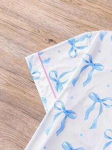 2-Piece Women's Pajamas Set With Short Sleeves, Blue And White Bow Print, Button-Down Collar Cardigan Top, Elastic And Comfortable Shorts, Bow Pattern Comfortable Casual Summer Home Clothes. - Blue and White - View 3