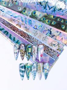 10张夏季激光闪亮贝壳波浪美甲印花贴纸，20x4厘米，全息鲍鱼图案，孔雀羽毛美甲贴纸，星空纸质DIY贴纸，适用于亚克力美甲用品 - 彩色 - 查看 7