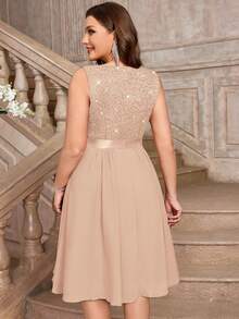 Plus Deep V-Neck Sequin Lace Contrast Ruffle Hem Chiffon Formal Evening Party Swing Dress - Champagne - View 3