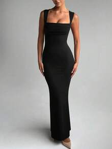 夏季女士无袖方领修身优雅长裙性感派对晚礼服婚礼黑色 - 黑色 - 查看 4