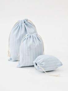3 piezas de bolsas de almacenamiento con rayas simples que pueden contener ropa, calcetines, cosméticos y otros artículos diversos. Los bolsillos con cordón son adecuados para el hogar y los viajes. - Celeste - Ver 3