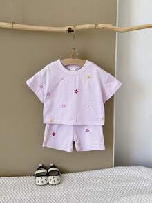 Bộ 2 áo thun ngắn tay thêu hoa và quần short thường ngày cho bé gái, mùa hè - Hồng - Xem 5
