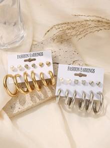 Juego de 24/12 pares de aretes elegantes y de moda para mujeres, aretes de aro lisos de metal minimalistas, aretes tipo botón con forma de corazón de perla falsa, apropiados para uso diario, citas y fiestas, regalo ideal para días festivos