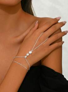 1pc Stylish Simple Silver-Color Rhinestone Full Finger Chain Bracelet