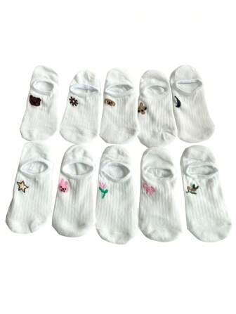 10双装女士白色袜子拖鞋隐形可爱刺绣动物花朵卡通短袜夏季防滑隐形袜
