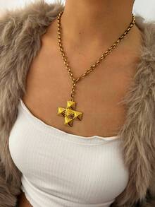 1 件新款条纹心形十字架吊坠粗链不锈钢项链，时尚百搭可调节女士项链，适合日常佩戴和度假