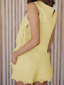 Embroidery Set For Women Summer Sleeveless Round Neck Tie Up Tank Tops Side Zipper Shorts 2 Piece Outfit - 黃色 - 查看 6
