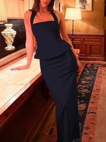 Women Summer Sleeveless Halter Crop Top And Back Slit Long Skirt Two Pieces Set Bodycon Elegant Sexy Party Matching Outfits