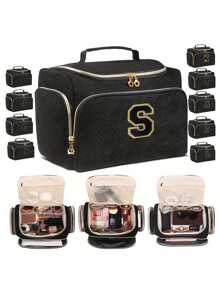 1pc Black Polyester Travel Toiletry Bag With Handle - Alphabet Pattern, Wet/Dry Separation, Machine Washable, Portable Makeup Organizer For Both Men & Women, Ideal Gift For Family & Friends, Daily Cosmetics Storage, Fashionable Makeup Case, Practical Design, Fabric, Must-Have For Frequent Travelers
