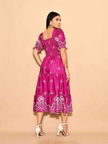 Helena Midi Dress With Crepe Print, Stretch On The Back, Short Sleeves - Màu Hoa hồng đỏ - Xem 6