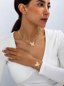 2pcs Gold-Tone Diamond Butterfly Pendant Necklace And Bracelet Set, Fashionable And Elegant For Party, Banquet And Daily Wear - Yellow Gold - View 1