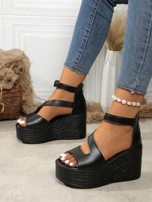 Sandali con zeppa, punta aperta e tacco oversize, con cerniera sul retro, di moda e versatili, antiscivolo, con platform, colore nero, adatti per l'estate