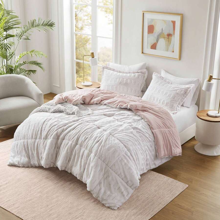2/3 Pieces Soft Plush Gia Long Faux Fur Design Comforter Set, Mid Century, Modern All Season Down Alternative Bedding Set With Matching Sham, Christmas Thanks Giving Gifts - Má hồng/Trắng - Xem 1