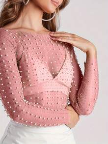 Women's Summer Sheer Mesh Tops Long Sleeve Round Neck Rhinestone Slim Fit Crop Tops - 粉色 - 查看 2