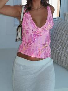 Women Sequin Tank Tops Slim Sparkly Deep V Neck Sleeveless Open Back Crop Vest Casual Summer Streetwear - 粉色 - 查看 2
