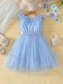 Toddler Girls Tulle Dress Sleeveless Star Print Belted Pageant Dress Kid Wedding Ball Gown - 藍色 - 查看 3
