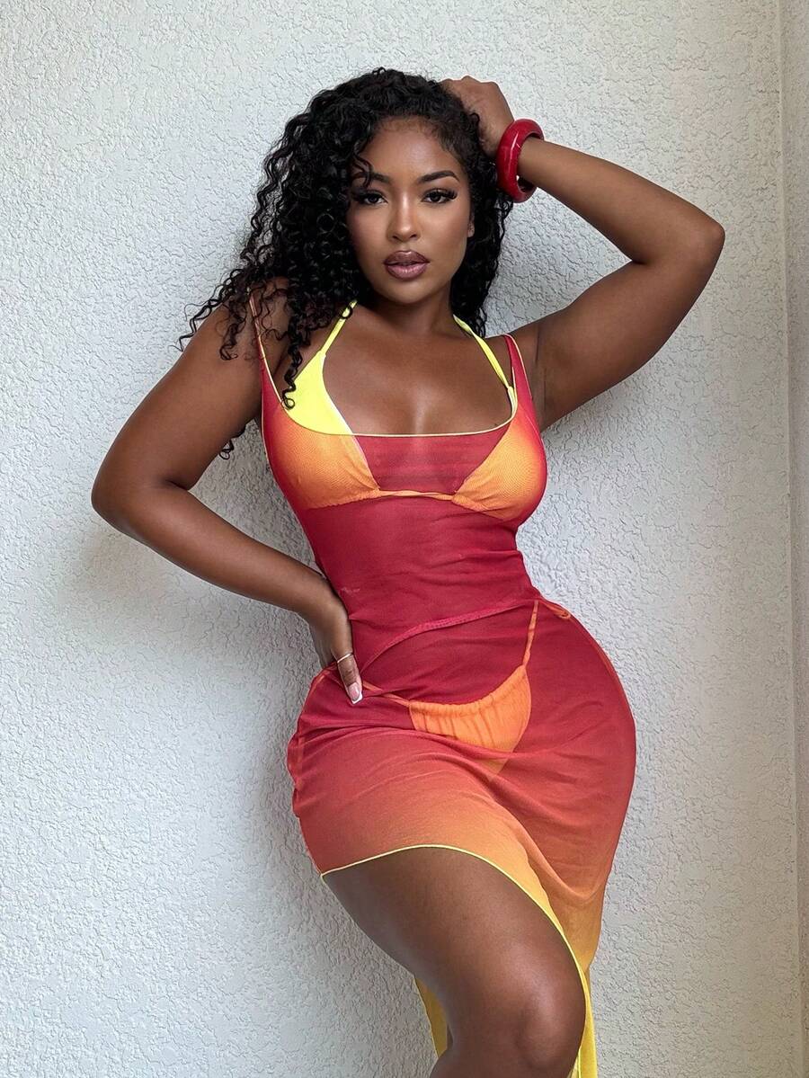 Alexandranx 3 件套女士性感吊带三角比基尼套装和长款扎染和服泳装罩衫沙滩装，适合夏季海滩度假 - 彩色 - 查看 1