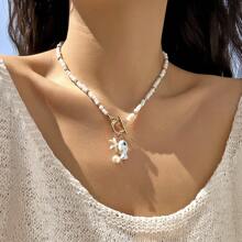 1pc Summer New Ceramic Fish & Starfish Tassel Pearl Bead Charm Layered Necklace