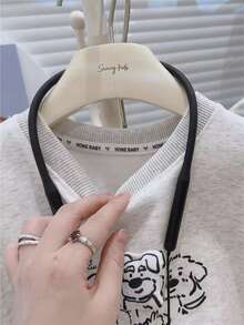 Boys Cartoon Puppy Striped 2 In 1 Long Sleeve Sweatshirt, Fashionable And Versatile, Spring/Autumn - Grey - View 4